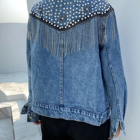 826. LAST 1! Denim Boho Rhinestone Studd  Country Fringe Jacket CLEARANCE - Picture 8 of 9